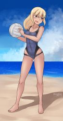 Rule 34 | 1girl, 2020, abs, absurdres, artist name, beach volleyball, black eyes, blonde hair, blue sky, bookmarkahead, cloud, covered navel, dated, gluteal fold, groin tendon, highres, horizon, marian e. carl, navel, ocean, one-piece swimsuit, sand, shadow, sky, solo, swimsuit, world witches series