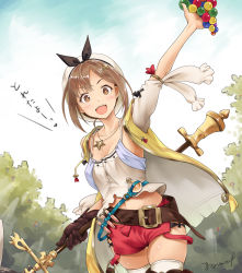 Rule 34 | 1girl, arm up, atelier (series), atelier ryza, atelier ryza 1, belt, boots, breasts, brown eyes, brown gloves, brown hair, brown thighhighs, camisole, cleavage, cloud, food, fruit, gloves, grapes, hat, highres, jacket, malcorond, midriff, open mouth, outdoors, red shorts, reisalin stout, short hair, short shorts, shorts, single glove, sky, smile, solo, staff, thigh boots, thighhighs, thighs, tree, weapon, white camisole, white hat, white thighhighs, yellow jacket