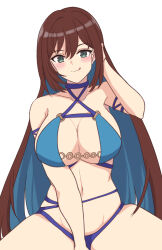 Rule 34 | 1girl, :q, arm strap, assault lily, bare arms, bare shoulders, between legs, bikini, blue bikini, blue choker, blue hair, blush, breasts, brown hair, choker, cleavage, closed mouth, collarbone, colored inner hair, commentary request, cowboy shot, criss-cross halter, green eyes, hair between eyes, halterneck, hand between legs, hand in own hair, hand up, highres, ishizuka fujino, kanden natsume, large breasts, long hair, looking at viewer, multi-strapped bikini bottom, multicolored hair, navel, official alternate costume, simple background, sitting, smile, solo, stomach, swimsuit, tongue, tongue out, two-tone hair, very long hair, white background