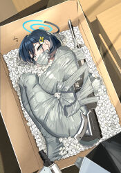 Rule 34 | 1girl, absurdres, arms behind back, bdsm, black hair, blue archive, bondage, bound, box, breasts, chihiro (blue archive), gag, green eyes, hair between eyes, hair ornament, halo, highres, improvised gag, in box, in container, large breasts, looking at viewer, mummification (bound), rabbit hair ornament, restrained, seirein (seireinnnn), short hair, solo, tape, tape gag
