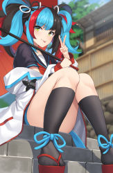 Rule 34 | 1girl, ass, black hair, blue hair, blunt bangs, blurry, blurry background, commentary request, convenient leg, day, eyes visible through hair, fate/grand order, fate (series), feet out of frame, green eyes, hair between eyes, highres, kneehighs, long hair, looking at viewer, multicolored hair, original, outdoors, red hair, sandals, sei shounagon (fate), short sleeves, sitting, socks, solo, stairs, suiroh (shideoukami), tongue, tongue out, tree, twintails, umbrella, v