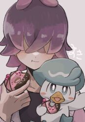 Rule 34 | 1girl, :t, akaruku genki ni, black shirt, blush, closed mouth, collarbone, commentary request, creatures (company), dot (pokemon), doughnut, eating, food, game freak, grey background, hair over eyes, hand up, highres, holding, holding food, long sleeves, nintendo, pokemon, pokemon (anime), pokemon (creature), pokemon horizons, purple hair, quaxly, shirt, upper body