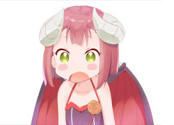 Rule 34 | 1girl, :o, bare shoulders, blush stickers, brown hair, collarbone, commentary request, curled horns, demon girl, demon horns, demon wings, derivative work, dress, endro!, fang, green eyes, horns, looking at viewer, mao (endro!), open mouth, purple dress, red wings, short hair, simple background, sleeveless, sleeveless dress, solo, upper body, white background, wings, yutsuki warabi