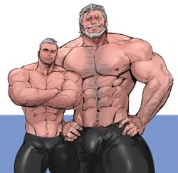 Rule 34 | 2boys, abs, arm hair, bara, beard, blind, bulge, chest hair, dopey (dopq), facial hair, giant, giant male, hair slicked back, hands on own hips, highres, large pectorals, latex pants, looking at viewer, male focus, mature male, multiple boys, muscular, muscular male, mustache, navel, navel hair, nipples, old, old man, overwatch, overwatch 1, pectorals, reinhardt (overwatch), scar, scar across eye, scar on face, short hair, size difference, soldier: 76 (overwatch), standing, stomach, thick eyebrows, thick thighs, thighs, topless male, veins, white hair, wrinkled skin