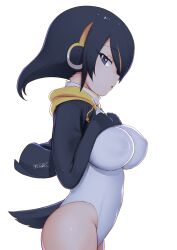 Rule 34 | 1girl, absurdres, bird tail, black hair, breast suppress, breasts, covered erect nipples, covered navel, cowboy shot, drawstring, emperor penguin (kemono friends), eyelashes, from side, hair over one eye, hands on own chest, hands up, headphones, highres, hood, hood down, hooded jacket, impossible clothes, impossible swimsuit, jacket, kemono friends, large breasts, long bangs, long hair, long sleeves, looking at viewer, masuyama ryou, multicolored hair, one-piece swimsuit, open clothes, open jacket, orange hair, parted lips, penguin tail, sideways glance, simple background, skin tight, solo, swimsuit, tail, two-tone hair, white background, white swimsuit