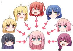 6+girls absurdres ahoge arrow_(symbol) black_hair blonde_hair blue_eyes blush bocchi_the_rock! bow braid braided_ponytail closed_eyes cube_hair_ornament gotoh_futari gotoh_hitori hair_bow hair_ornament head_only heart highres hiroi_kikuri ijichi_nijika ijichi_seika kita_ikuyo long_hair medium_hair multiple_girls open_mouth pa-san pink_eyes pink_hair purple_hair sharp_teeth shimakura_asado side_ponytail simple_background smile teeth upper_teeth_only white_background yamada_ryo yellow_eyes yuri