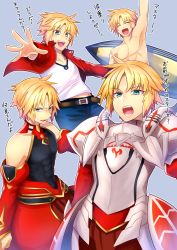 Rule 34 | 1boy, abs, absurdres, angry, arm support, arm up, armor, barefoot, belt, blonde hair, blue background, bracelet, bukiya (weaponman), fate/apocrypha, fate (series), genderswap, genderswap (mtf), green eyes, highres, jacket, jewelry, male focus, mordred (fate), mordred (fate/apocrypha), multiple persona, necklace, open clothes, open jacket, recursive genderswap, skin tight, skindentation, surfing, toned, toned male, topless male