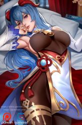 Rule 34 | 1girl, arm up, armpits, artist name, bare shoulders, bell, blue hair, bodystocking, breasts, cowbell, detached sleeves, ganyu (genshin impact), genshin impact, gumroad logo, hand on own face, head tilt, highres, horns, impossible clothes, indoors, large breasts, long hair, long sleeves, looking at viewer, lying, on back, parted lips, patreon logo, pillow, pink lips, purple eyes, red ribbon, ribbon, sherylnome, smile, solo, tassel, very long hair, watermark, web address