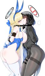 Rule 34 | 2girls, absurdres, animal ears, arms behind back, ass, asymmetrical docking, black hair, black halo, black jacket, black pantyhose, blonde hair, blue archive, blue eyes, blue halo, blue leotard, bound, bound arms, braid, breast press, breasts, breasts out, cws1122uu, fake animal ears, fake tail, from side, hair ornament, hairclip, halo, highres, jacket, kiss, large breasts, leaning forward, leotard, long hair, looking at viewer, looking to the side, multicolored halo, multiple girls, pantyhose, playboy bunny, rabbit ears, rabbit tail, red eyes, red halo, rio (blue archive), simple background, skindentation, tail, thighband pantyhose, thighhighs, toki (blue archive), toki (bunny) (blue archive), two-tone halo, very long hair, white background, white thighhighs, yuri