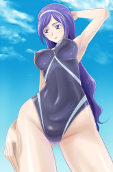 Rule 34 | 00s, 1girl, aono miki, armpits, arms up, blush, cloud, competition swimsuit, day, fresh precure!, from below, hairband, long hair, muhi11234, one-piece swimsuit, precure, purple eyes, purple hair, sky, smile, solo, standing, swimsuit, very long hair