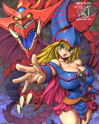 Rule 34 | 1girl, amania orz, bare shoulders, blonde hair, blue headwear, blush stickers, breasts, choker, cleavage, dark magician girl, duel monster, green eyes, hair between eyes, hat, highres, large breasts, long hair, looking at viewer, open mouth, osiris the sky dragon, wizard hat, yu-gi-oh!, yu-gi-oh! duel monsters