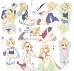 Rule 34 | 1girl, absurdres, blonde hair, brushing teeth, cat, cup, english text, fate (series), floating hair, green hair, hair dryer, highres, implied peeing, mordred (fate), mug, panties, polo shirt, short shorts, shorts, sleeping, tomboy, tonee, topless, towel, translation request, underwear, waking up