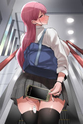 Rule 34 | 1girl, absurdres, bag, blush, breasts, ceiling, ceiling light, cellphone, cowboy shot, curvy, day, discreet vibrator, earrings, egg vibrator, escalator, from behind, highres, holding, holding phone, huge breasts, japanese text, jewelry, long hair, long sleeves, looking at viewer, looking back, miniskirt, nail polish, original, phone, pink eyes, pink hair, pink nails, pleated skirt, public indecency, pussy juice, remote control vibrator, ricochet-gou, school bag, school uniform, sex toy, single earring, skindentation, skirt, smartphone, smile, solo, standing, thighhighs, translated, vibrator, wristband, zettai ryouiki