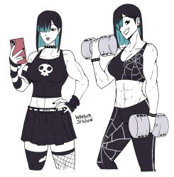 Rule 34 | 1girl, abs, black eyes, black hair, blue hair, bracelet, cellphone, choker, dumbbell, earrings, exercising, fishnets, goth fashion, highres, jewelry, multicolored hair, muscular, muscular female, original, phone, skirt, skull, smartphone, solo, spider web print, tank top, teeth, toned, tongue, tongue out, wanderjegson