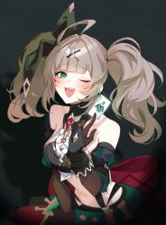 Rule 34 | 1girl, absurdres, ahoge, bare shoulders, black background, black gloves, black ribbon, blush, bridal gauntlets, card, commentary request, cynical sneer (elsword), detached sleeves, elsword, gloves, green eyes, grey hair, hair ornament, hair ribbon, highres, holding, holding card, lithia beryl (elsword), long hair, looking at viewer, midriff, navel, one eye closed, open mouth, ribbon, sasa (sa1008va), shadow, simple background, smile, solo, stomach, teeth, twintails, upper teeth only, x hair ornament