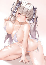 Rule 34 | 1girl, absurdres, areola slip, azur lane, bikini, blush, bra, breasts, classic (zildjian33), collarbone, formidable (azur lane), frown, hand on floor, highres, holding, holding bra, holding clothes, holding underwear, large breasts, looking at viewer, panties, red eyes, side-tie panties, silver hair, simple background, sitting, solo, swimsuit, twintails, two-tone ribbon, underwear, wariza, white background, ||/