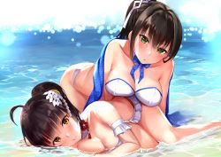 Rule 34 | 2girls, absurdres, ahoge, akagi (blue oath), ass, bare shoulders, bent over, bikini, bikini skirt, black hair, blue neckwear, blue oath, blue sky, blunt bangs, breast press, breast rest, breasts, choker, closed mouth, collarbone, day, detached collar, feet out of frame, green eyes, hair ornament, hair ribbon, high ponytail, highres, kaga (blue oath), large breasts, long hair, long sleeves, looking at viewer, lying, multiple girls, neck ribbon, ocean, on side, open mouth, outdoors, parted lips, ribbon, sg (esujii), sidelocks, sky, smile, sparkle, swimsuit, very long hair, wading, water, white bikini, white choker, white ribbon, yellow eyes, yuri