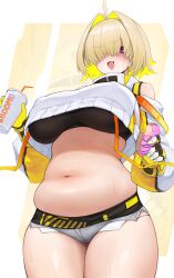 Rule 34 | 1girl, absurdres, bare shoulders, blonde hair, blush, breasts, crop top, crop top overhang, cup, disposable cup, doughnut, elegg (nikke), fang, food, food on face, gloves, goddess of victory: nikke, hair intakes, hair over one eye, highres, holding, holding cup, holding food, large breasts, long sleeves, micro shorts, midriff, open mouth, plump, purple eyes, rogger92, short hair, short shorts, shorts, simple background, skin fang, solo, stomach, sweat