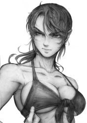 Rule 34 | 1girl, bikini, bikini top only, breasts, collarbone, front-tie top, greyscale, imizu (nitro unknown), large breasts, long hair, looking to the side, metal gear (series), metal gear solid v: the phantom pain, monochrome, ponytail, quiet (metal gear), solo, swimsuit