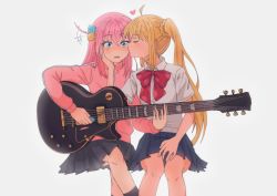 Rule 34 | 2girls, ahoge, black skirt, black socks, blonde hair, blue eyes, blue skirt, blush, bocchi the rock!, bow, bowtie, closed eyes, collared shirt, commentary request, crossed bangs, crossed legs, cube hair ornament, electric guitar, foxtrot (foxtrotfridays), gibson les paul, gotoh hitori, guitar, hair ornament, hand on another&#039;s cheek, hand on another&#039;s face, heart, holding, holding instrument, ijichi nijika, instrument, invisible chair, jacket, kiss, kissing cheek, long hair, long sleeves, multiple girls, one side up, pink hair, pink jacket, pleated skirt, plectrum, polka dot, polka dot bow, red bow, red bowtie, school uniform, shirt, short sleeves, side ponytail, simple background, sitting, skirt, socks, surprise kiss, surprised, track jacket, white background, white shirt, yuri