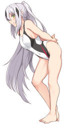 Rule 34 | 1girl, alternate costume, arms behind back, bare arms, bare legs, bare shoulders, barefoot, black hair, black one-piece swimsuit, blush, breasts, closed mouth, collarbone, commentary request, competition swimsuit, covered navel, fate/grand order, fate (series), feet, from side, full body, green eyes, hair between eyes, high ponytail, leaning forward, legs, light smile, long hair, looking at viewer, medium breasts, multicolored clothes, multicolored hair, multicolored swimsuit, nagao kagetora (fate), one-piece swimsuit, own hands together, parted bangs, ponytail, profile, shiseki hirame, sidelocks, sideways glance, simple background, smile, solo, straight hair, streaked hair, swimsuit, tiptoes, two-tone hair, very long hair, white background, white hair, white one-piece swimsuit
