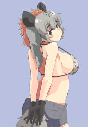 Rule 34 | 1girl, animal ears, animal print, back, bikini, bikini top only, black gloves, blush, breasts, brown hair, closed mouth, colored inner hair, double-parted bangs, extra ears, from side, gloves, grey background, grey eyes, grey hair, hair between eyes, head tilt, hyena ears, hyena girl, hyena tail, kemono friends, large breasts, light brown hair, long hair, looking at viewer, multicolored hair, outstretched arms, print bikini, short shorts, shorts, sideboob, simple background, solo, spotted hyena (kemono friends), strap gap, swimsuit, tail, tanne
