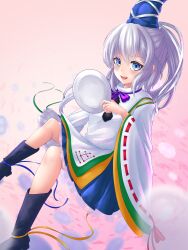Rule 34 | 1girl, absurdres, black footwear, blue eyes, blue hat, blue skirt, boots, commentary, grey hair, hat, highres, holding, holding plate, japanese clothes, kariginu, long sleeves, looking at viewer, medium hair, mononobe no futo, open mouth, pink background, plate, pom pom (clothes), ponytail, pygrenix, ribbon-trimmed sleeves, ribbon trim, skirt, solo, tate eboshi, teeth, touhou, upper teeth only, wide sleeves