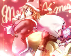 Rule 34 | 1girl, bell, blonde hair, blue eyes, boots, capelet, christmas, dearmybrothers, female focus, fox tail, gift, hat, multiple tails, panties, sack, santa claus, santa costume, santa hat, short hair, snow, solo, tail, touhou, toy, underwear, yakumo ran