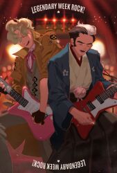 Rule 34 | 2boys, ace attorney, black hair, blonde hair, blue jacket, brown coat, closed eyes, coat, collared shirt, commentary request, electric guitar, english text, facial hair, fingerless gloves, gloves, grey pants, grey vest, guitar, hakama, herlock sholmes, highres, holding, holding guitar, holding instrument, holding plectrum, instrument, jacket, japanese clothes, kimono, long sleeves, male focus, mature male, multicolored hair, multiple boys, music, mustache, neck ribbon, open mouth, pants, pink ribbon, pink shirt, playing guitar, playing instrument, plectrum, ribbon, shirt, short hair, smile, stage lights, standing, the great ace attorney, threeenine, two-tone hair, vest, white hair, white kimono, yujin mikotoba