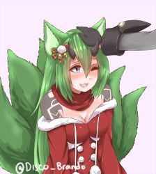 Rule 34 | 1girl, :3, :d, animal ears, bare shoulders, black gloves, blue eyes, bow, breasts, christmas, cleavage, commission, disco brando, dress, english commentary, fang, fox ears, fox tail, gloves, green hair, hair between eyes, hair bow, highres, horns, kitsune, long hair, medium breasts, multiple tails, one eye closed, open mouth, headpat, phantasy star, phantasy star online 2, pink background, pom pom (clothes), red dress, red scarf, scarf, simple background, smile, solo, solo focus, tail, twitter username