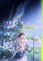 Rule 34 | 1girl, black hair, blue sky, bouquet, breasts, cloud, collarbone, daisy, dress, dusk, flower, flower request, frilled dress, frills, highres, holding, holding bouquet, illumi999, looking to the side, medium breasts, medium hair, mole, mole on cheek, original, outdoors, parted lips, pinwheel, plant, purple eyes, signature, sky, solo, standing, star (sky), starry sky, string lights, veil, vines, white dress, wind
