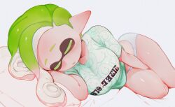 Rule 34 | 1girl, closed eyes, commentary, doro mizu 831, feet out of frame, green hair, green shirt, highres, inkling, inkling (language), inkling girl, inkling player character, lying, medium hair, nintendo, on side, panties, parted lips, pointy ears, print shirt, shirt, sleeping, solo, splatoon (series), symbol-only commentary, tentacle hair, underwear, white background, white panties