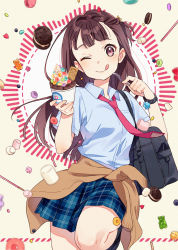 Rule 34 | 1girl, ;q, absurdres, bag, blush, brown hair, candy, clock, cookie, food, hechima (issindotai), highres, huge filesize, ice cream, long hair, one eye closed, original, red eyes, school uniform, shirt, skirt, sweets, tongue, tongue out
