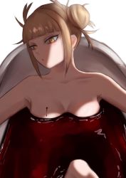 Rule 34 | 1girl, absurdres, backlighting, bathtub, blonde hair, blood, blunt bangs, boku no hero academia, breasts, cleavage, collarbone, completely nude, double bun, hair bun, highres, hyakki non, nude, partially submerged, short hair, simple background, small breasts, solo, toga himiko, white background, yellow eyes
