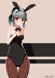 Rule 34 | 1girl, absurdres, black bow, blunt bangs, blush, bow, bowtie, breasts, brown eyes, green hair, hair bow, hairband, highres, kantai collection, leotard, long hair, pantyhose, playboy bunny, ponytail, rabbit girl, sidelocks, small breasts, smile, solo, standing, thighs, twitter username, uut, yuubari (kancolle)