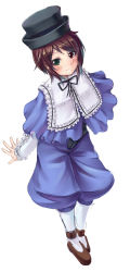 Rule 34 | 00s, 1girl, asa (swallowtail), black hat, blue dress, blush, bow, brown hair, capelet, collar, dress, frills, full body, green eyes, hat, heterochromia, legs together, looking at viewer, outstretched arms, pantyhose, red eyes, rozen maiden, shoes, short hair, simple background, smile, solo, souseiseki, spread fingers, standing, swallowtail, tareme, top hat, white background, white pantyhose