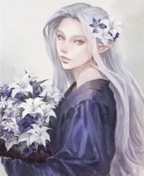 Rule 34 | 1girl, blue coat, blue eyes, bouquet, coat, dated, elezen, elf, faux traditional media, final fantasy, final fantasy xiv, flower, from side, grey background, hair flower, hair ornament, highres, holding, holding bouquet, long hair, looking back, pointy ears, poriaflgilake, signature, silver hair, smile, solo, upper body, ysayle dangoulain