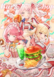 Rule 34 | 1other, 2girls, absurdres, akiyama mizuki, apron, blonde hair, blush, bracelet, burger, cherry, crop top, cup, dotabata cafe rec!! (project sekai), doughnut, dress, drink, drinking straw, english text, food, french fries, frilled dress, frills, fruit, hair ornament, hair ribbon, hairclip, hat, heart, highres, holding, holding food, holding menu, ice cream, ice cream float, jacket, jewelry, ketchup, licking lips, long hair, looking at viewer, lushuao, maid headdress, menu, midriff, momoi airi, multicolored hair, multiple girls, nail polish, neckerchief, official alternate costume, official alternate hair length, official alternate hairstyle, one eye closed, pink eyes, pink hair, plaid, plaid ribbon, project sekai, ribbon, scrunchie, short hair, soda, solo, streaked hair, striped clothes, striped dress, tenma saki, tongue, tongue out, tray, twintails, two side up, vertical-striped clothes, vertical-striped dress, waist apron, waitress, wrist cuffs, wrist scrunchie