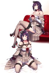 Rule 34 | 1girl, absurdres, breasts, cleavage, commentary, cosplay, couch, crown, cup, female admiral (kancolle), garter straps, hairband, hiememiko, highres, kantai collection, large breasts, pasties, purple eyes, purple hair, shibari, shibari over clothes, teacup, thighhighs, warspite (kancolle) (cosplay), warspite (kancolle)