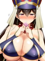 Rule 34 | 1girl, bare shoulders, bead necklace, beads, bikini, blush, breasts, brown hair, cleavage, condom, condom wrapper, detached sleeves, earrings, fate/grand order, fate (series), hair between eyes, hat, headdress, hoop earrings, jewelry, kanno takanori, large breasts, long hair, looking at viewer, necklace, prayer beads, purple bikini, purple eyes, simple background, solo, sweat, swimsuit, white background, xuangzang sanzang (fate)