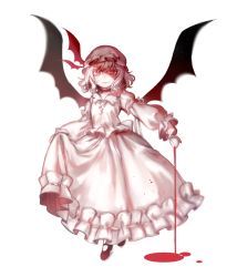 Rule 34 | 1girl, ambiguous red liquid, bat wings, black footwear, bloom, choker, clothes lift, dress, dress lift, full body, hat, head wings, highres, juliet sleeves, lifting own clothes, long sleeves, looking at viewer, mary janes, mob cap, puffy long sleeves, puffy sleeves, red eyes, remilia scarlet, shoes, slit pupils, smile, solo, spilling, tis (shan0x0shan), touhou, vampire, white background, white dress, white hair, wings
