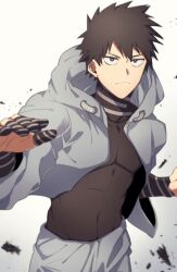 Rule 34 | 1boy, black hair, boku no hero academia, highres, hood, hooded jacket, jacket, kaibara sen, male focus, pants, pectorals, saito skaha, short hair, solo, superhero costume, toned, toned male, white background