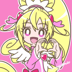 Rule 34 | 1girl, aida mana, blonde hair, blush, bow, bright pupils, brooch, choker, cure heart, detached sleeves, dokidoki! precure, eyelashes, hair ornament, half updo, heart, heart brooch, heart hair ornament, heart hands, highres, jewelry, long hair, looking at viewer, magical girl, mayena, open mouth, outline, pink background, pink bow, pink choker, pink eyes, pink sleeves, ponytail, precure, signature, simple background, smile, solo, upper body, waist bow, white outline, white pupils, wide ponytail