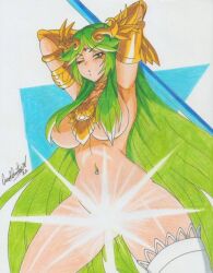 Rule 34 | 1girl, 2022, arms behind head, blowing kiss, breasts, commission, cowboy shot, flashlight, green eyes, green hair, hair on breasts, jewelry, kid icarus, large breasts, long hair, navel, navel piercing, nintendo, nude, one eye closed, palutena, piercing, puckered lips, solo, thighhighs, thighs, very long hair, wink