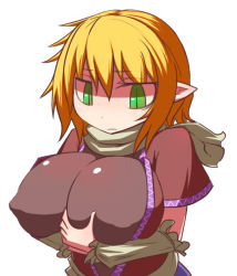 Rule 34 | 1girl, bad id, bad pixiv id, blonde hair, breasts, covered erect nipples, dress, female focus, green eyes, hakika, huge breasts, mizuhashi parsee, nipples, no bra, pointy ears, puffy nipples, short hair, simple background, solo, touhou, upper body, white background
