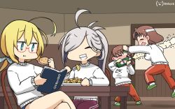 Rule 34 | 4girls, ahoge, alcohol, alternate costume, asashimo (kancolle), beer, blonde hair, blue eyes, book, breasts, brown hair, chiyoda (kancolle), unworn clothes, commentary request, cookie, dated, drunk, dual persona, eating, closed eyes, food, glasses, grin, hair over one eye, hamu koutarou, hat, headband, highres, i-8 (kancolle), kantai collection, large breasts, long hair, low twintails, multiple girls, one-hour drawing challenge, pants, ponytail, reading, red-framed eyewear, red pants, sailor hat, school swimsuit, semi-rimless eyewear, sharp teeth, short hair, silver hair, smile, sweater, swimsuit, swimsuit under clothes, table, teeth, thighhighs, track pants, translation request, twintails, under-rim eyewear, white sweater