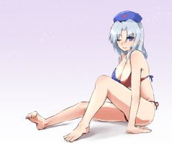 Rule 34 | 1girl, adapted costume, bad anatomy, bad hands, barefoot, bikini, blue eyes, breasts, cleavage, depo (typebaby505), hat, large breasts, long hair, looking at viewer, nurse cap, one eye closed, open mouth, poorly drawn, silver hair, sitting, sketch, solo, swimsuit, touhou, underwear, underwear only, yagokoro eirin