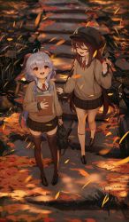 Rule 34 | 2girls, :d, absurdres, ahoge, autumn leaves, bag, black footwear, black headwear, blue hair, brown hair, brown legwear, brown skirt, brown sweater, closed eyes, collared shirt, commentary, english commentary, facing another, from above, full body, ganyu (genshin impact), genshin impact, goat horns, hair between eyes, hat, highres, holding, holding bag, horns, hu tao (genshin impact), kneehighs, loafers, long hair, long sleeves, looking up, multiple girls, neck ribbon, open mouth, plaid, plaid skirt, pleated skirt, purple eyes, red ribbon, revision, ribbon, round teeth, school uniform, shirt, shoes, signature, skirt, smile, socks, standing, starsd, sweater, teeth, thighhighs, upper teeth only, very long hair, white legwear, wind