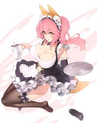 Rule 34 | 10s, 1girl, animal ears, apron, blush, breasts, brown thighhighs, cleavage, enosan, fate/extra, fate (series), feet, fox ears, fox tail, frills, highres, large breasts, long hair, looking at viewer, maid headdress, official alternate costume, open mouth, pink hair, ponytail, sidelocks, simple background, solo, tail, tamamo (fate), tamamo no mae (fate/extra), tamamo no mae (tailmaid strike) (fate), teapot, thighhighs, tray, waist apron, waitress, white background, yellow eyes