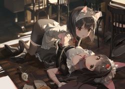 Rule 34 | 2girls, absurdres, accident, animal ear fluff, animal ears, apron, azur lane, black dress, black footwear, black hair, blush, breasts, broken cup, broken plate, brown eyes, brown legwear, chair, choyeon, commentary, cup, detached collar, detached sleeves, dress, english commentary, food, food on hair, fruit, girl on top, gloves, highres, indoors, juliet sleeves, long hair, long sleeves, looking at another, looking at viewer, lying, maid, maid headdress, multiple girls, mutsu (azur lane), nagato (azur lane), on back, plate, puffy short sleeves, puffy sleeves, red ribbon, ribbon, shoes, short sleeves, small breasts, strawberry, thighhighs, very long hair, white apron, white gloves, white legwear, yuri